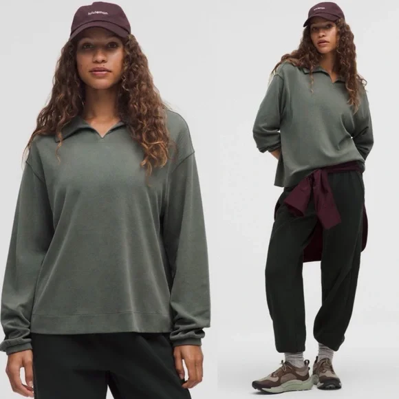 Lululemon Softstreme Pique Oversized Long-Sleeve Polo Shirt Palm Deco SZ S - Picture 13 of 13